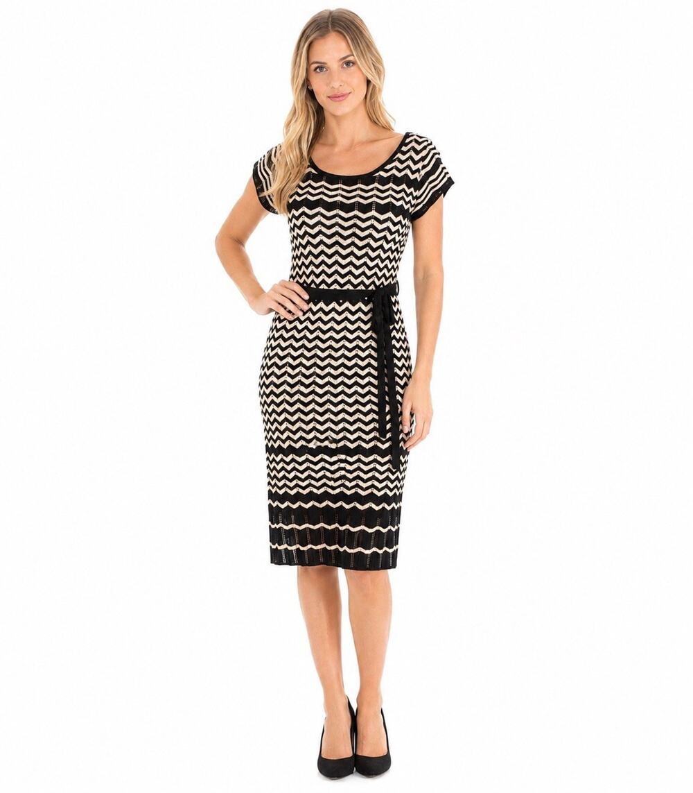 Julian Taylor Women’s Dress Medium Black Beige Chevron Knit Tie Waist Lined Midi